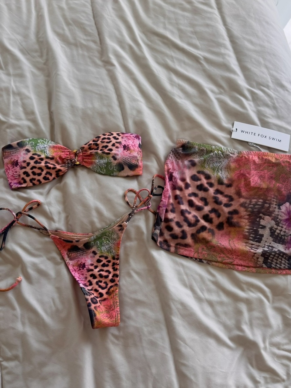 White Fox Boutique Pink & Green Animal Print Bandeau Bikini Set